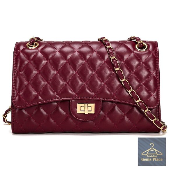 Handbags - Quilted Crossbody Bag with Chain Strap, Faux Leather, Adjustable, 3 Compartments